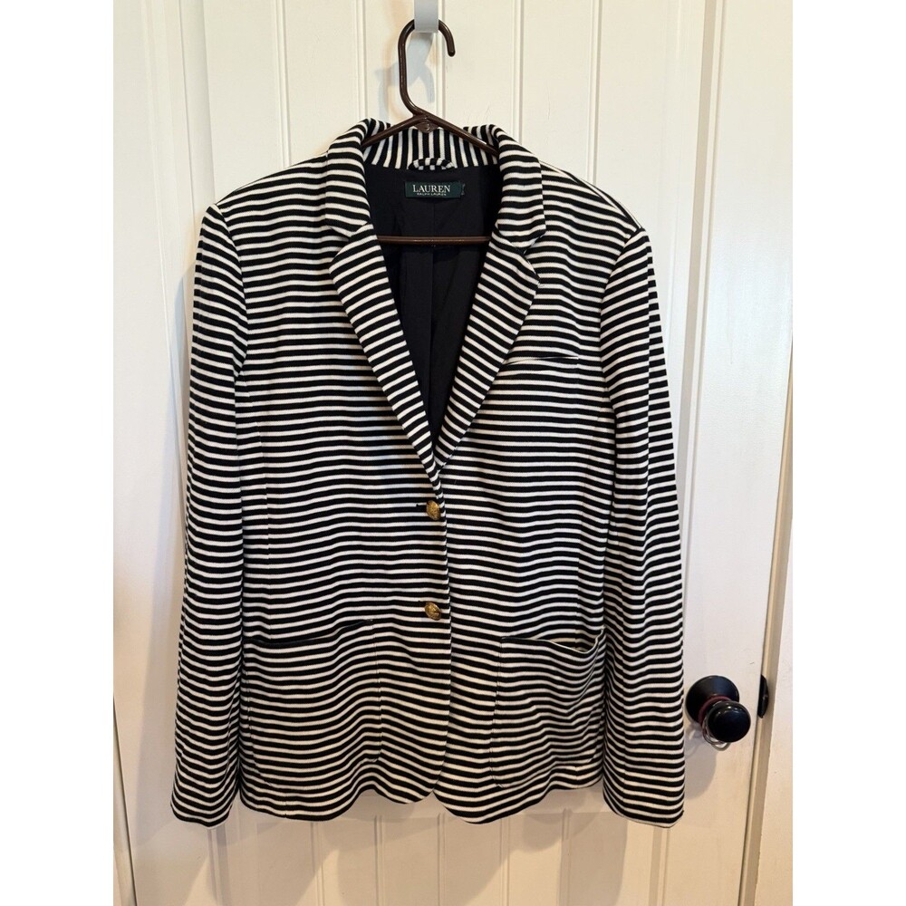 Lauren Ralph Lauren Womens L Striped Knit Blazer Gold Crest Buttons Nautical